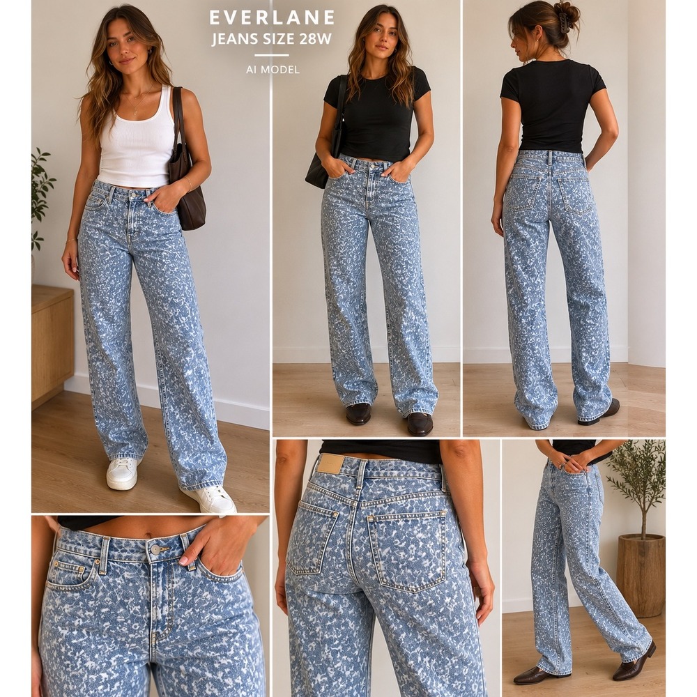 Everlane The Rigid Way-High Jean Blue White Leopard Print Organic Cotton 28 Reg